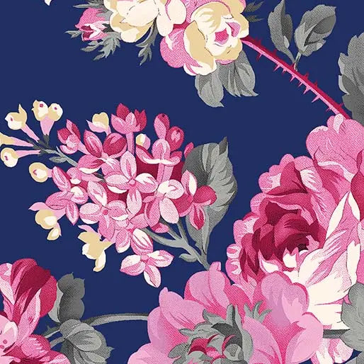 Blue Navy Sapphire Rose Garden Cotton Wideback Fabric per yard - Linda's Electric Quilters
