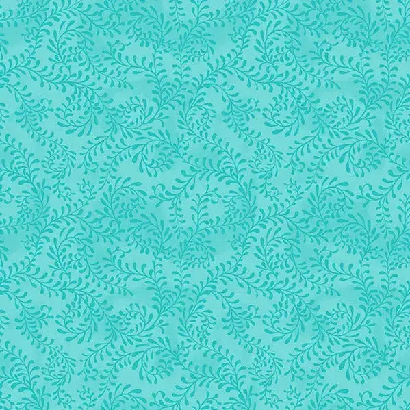 Blue Turquoise Swirling Leaves Cotton Wideback Fabric ( 1 Yard Pack )