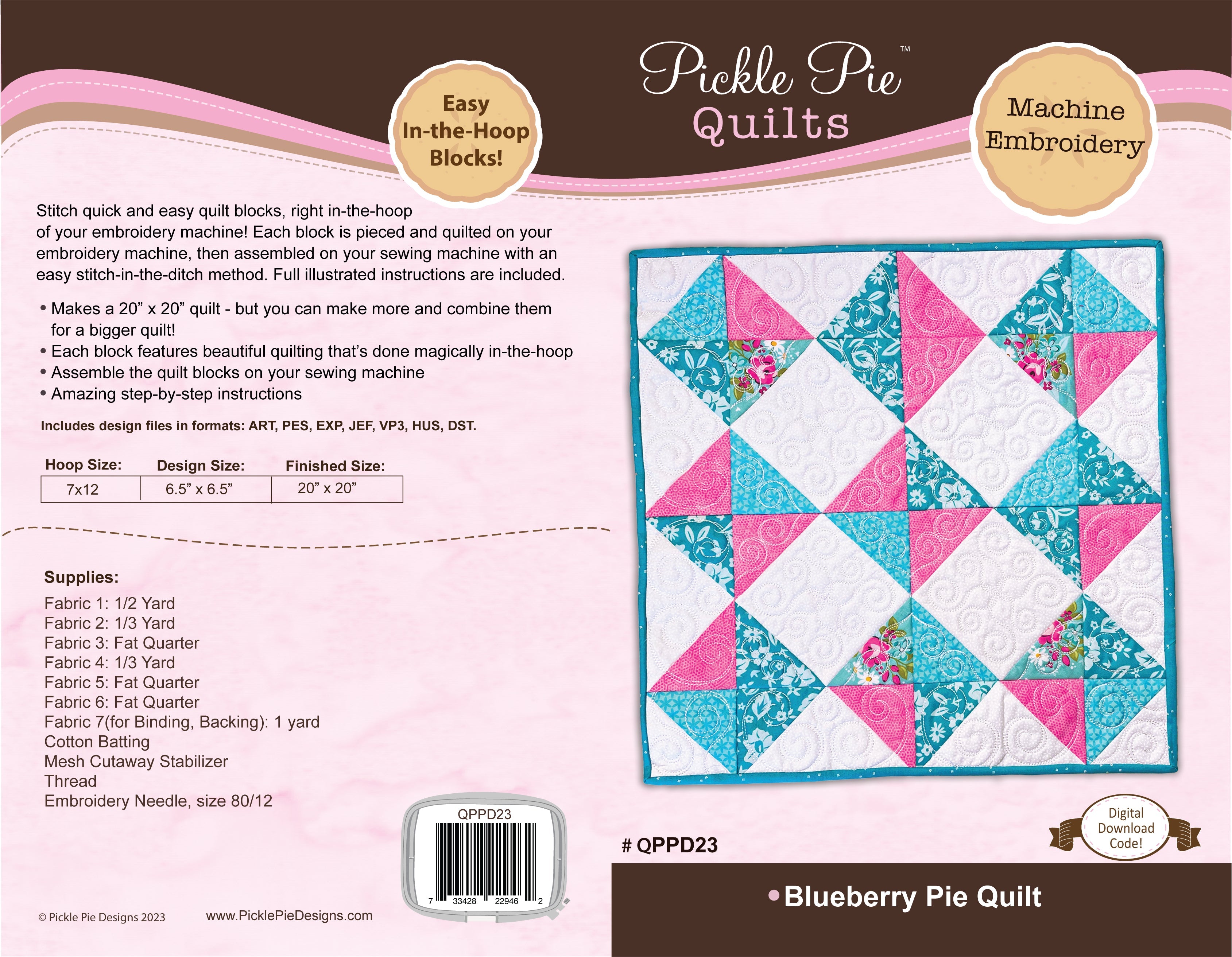 Blueberry Pie Quilt In the Hoop Machine Embroidery Design Set