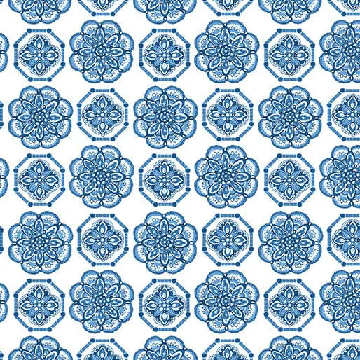 Bluesette - Tile Medallion - White/Blue 44" / 45" Fabric Per Yard The Fabric Company