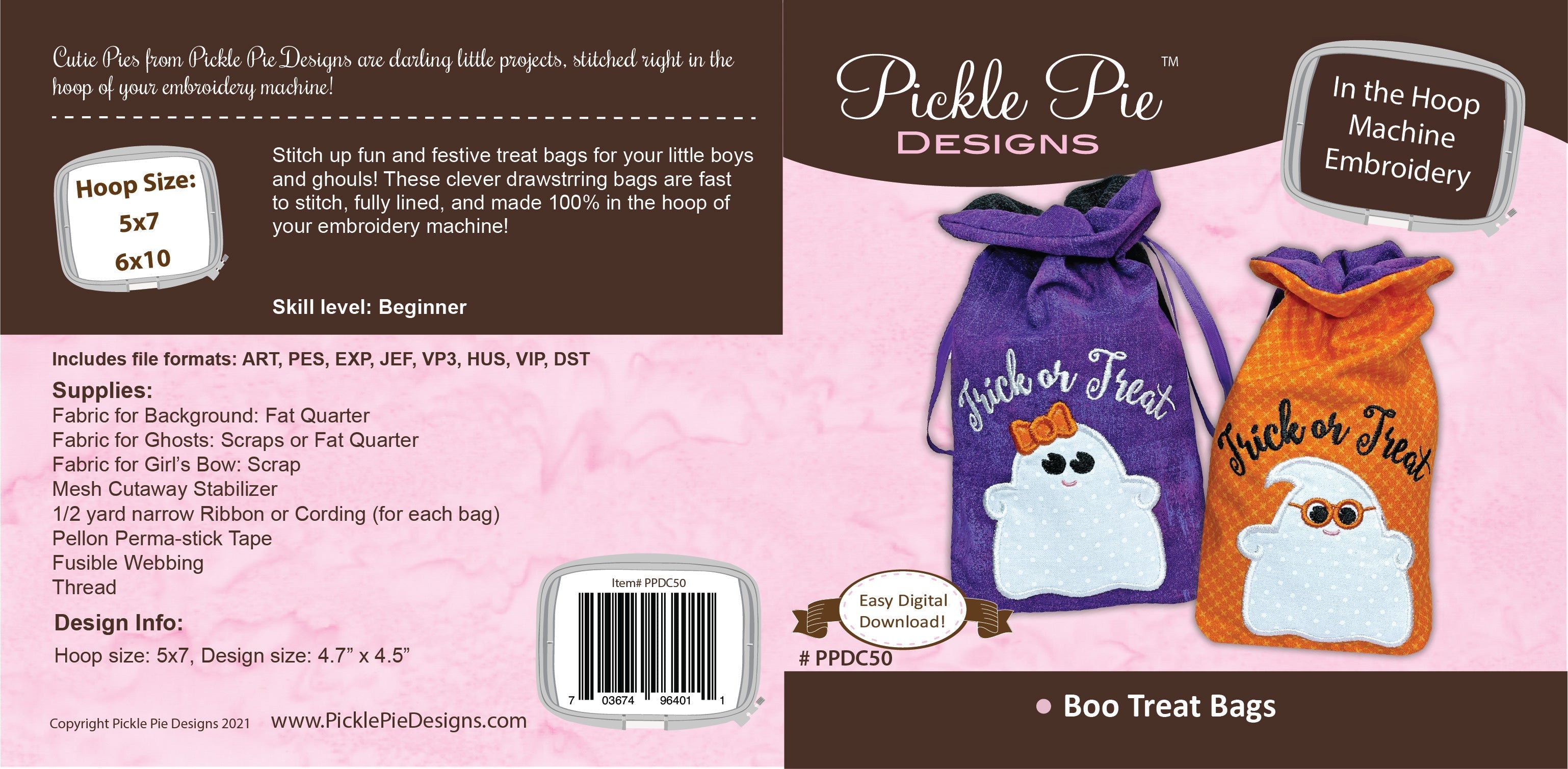 Boo Treat Bags In the Hoop Embroidery Design Collection