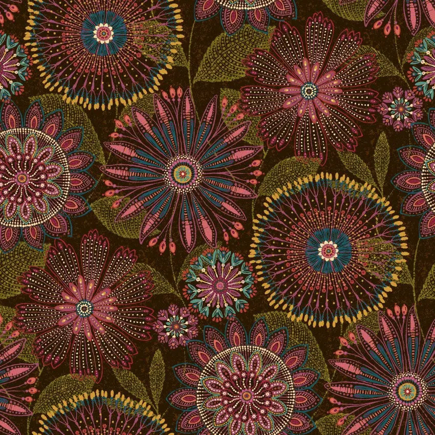 Brown Autumn Floral Medallions Cotton Wideback Fabric per yard - Linda's Electric Quilters