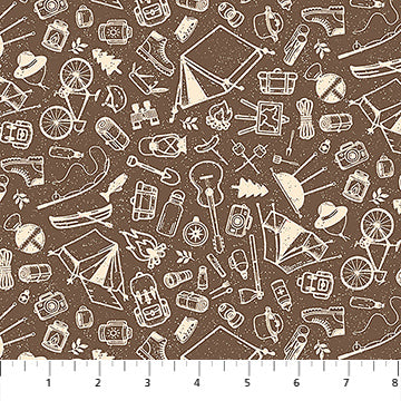 Brown Camping Sketches Camping Therapy Cotton 44"/45" Fabric Per Yard