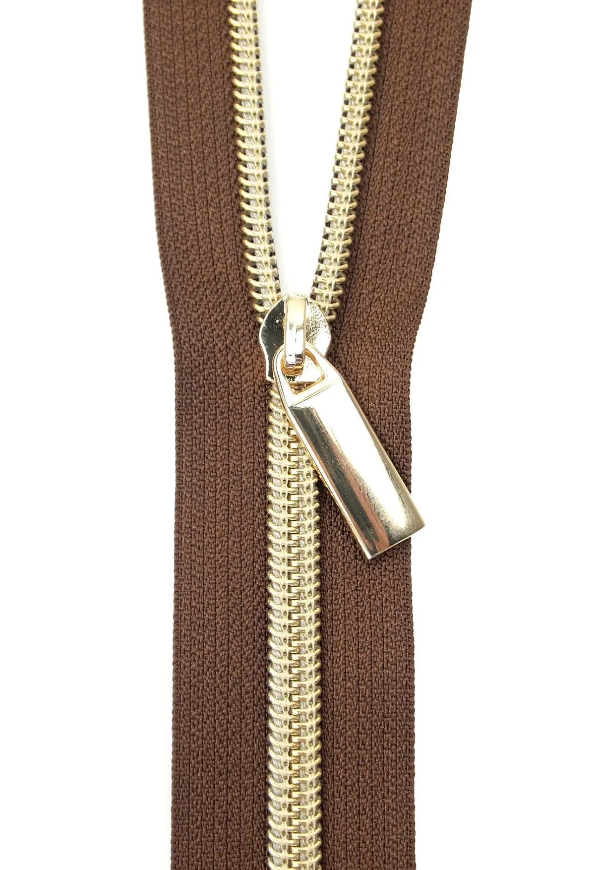 Brown #5 Nylon Gold Coil Zippers: 3 Yards with 9 Pulls - Linda's Electric Quilters