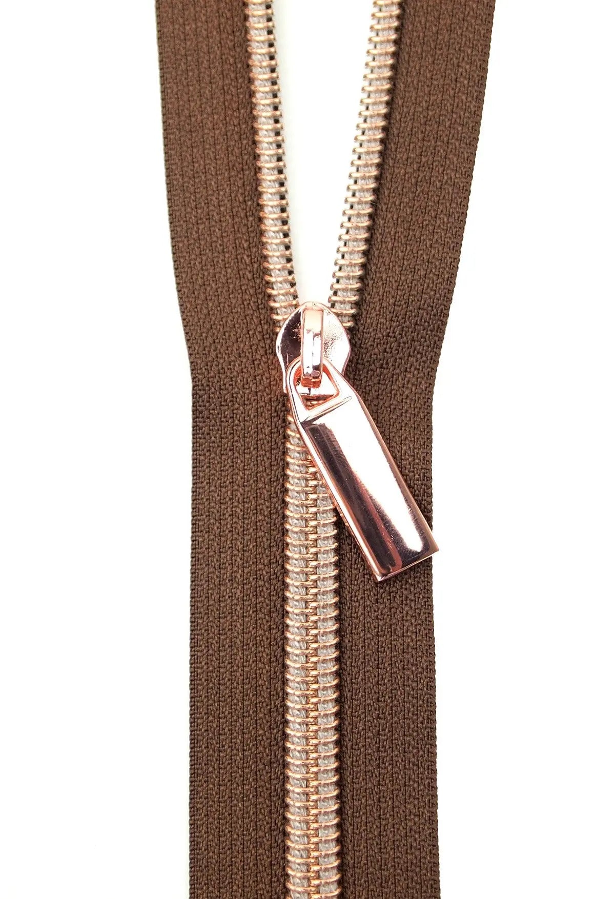 Brown #5 Nylon Rose Gold Coil Zippers: 3 Yards with 9 Pulls - Linda's Electric Quilters