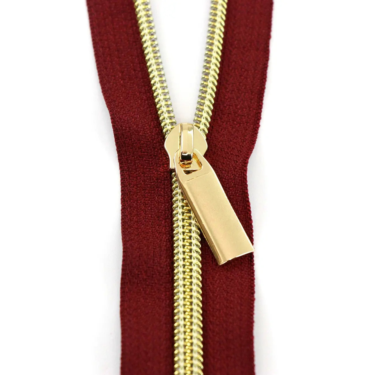 Burgundy #5 Nylon Gold Coil Zippers: 3 Yards with 9 Pulls - Linda's Electric Quilters