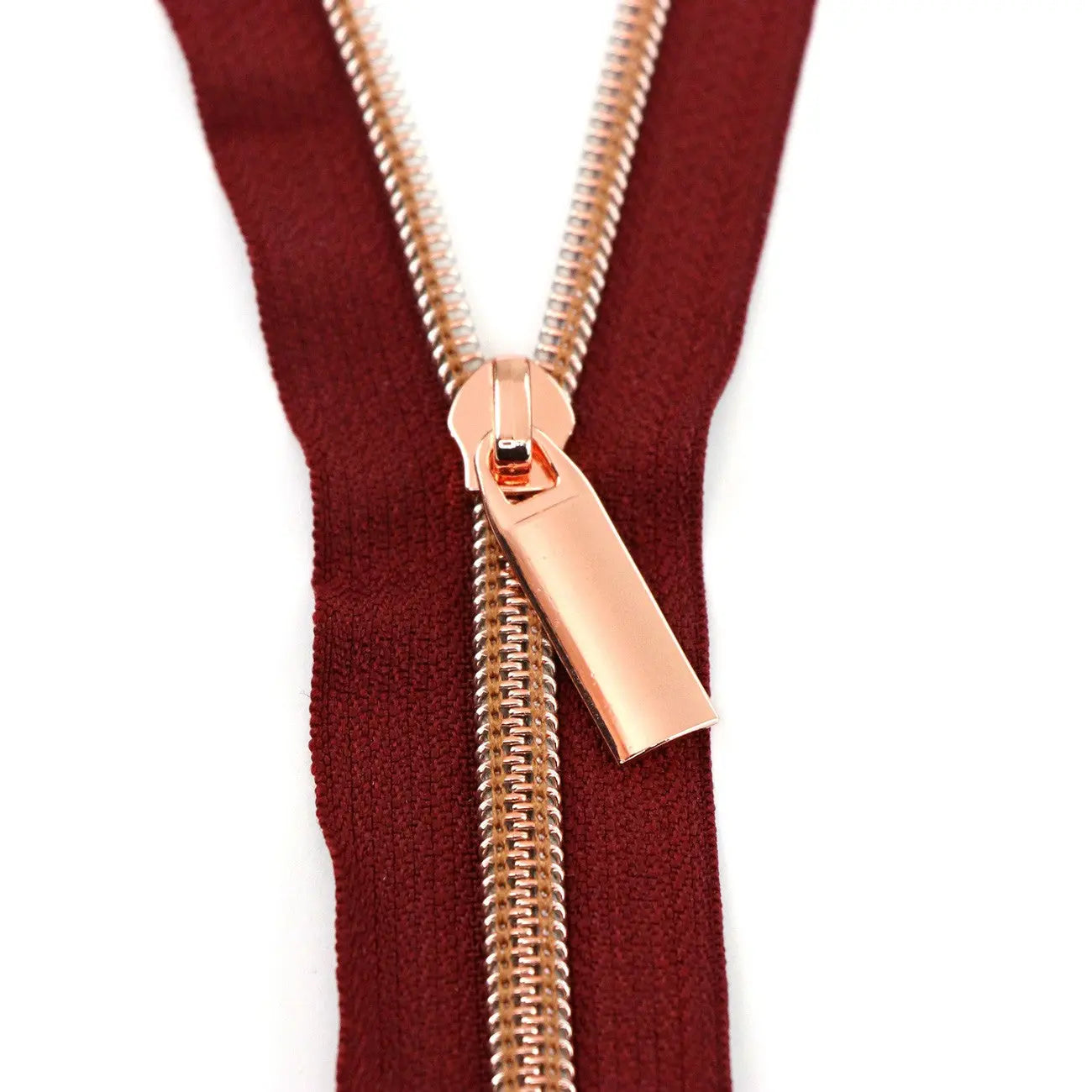 Burgundy #5 Nylon Rose Gold Coil Zippers: 3 Yards with 9 Pulls - Linda's Electric Quilters