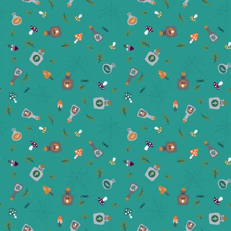 Riley Blake Little Witch potions Halloween quilting cotton fabric in Light Teal