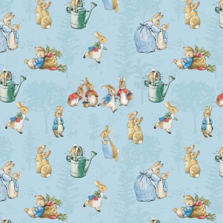 Riley Blake The Tale of Peter Rabbit Main Blue quilting fabric — storybook scenes in blue