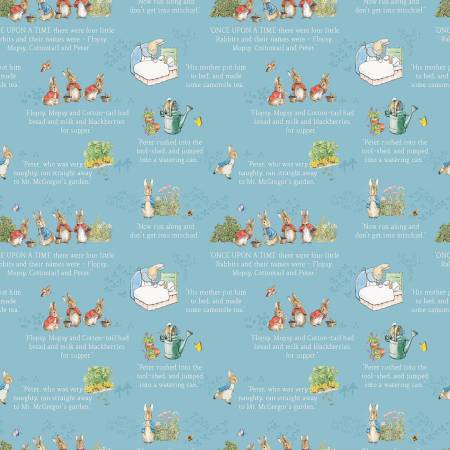 Riley Blake The Tale of Peter Rabbit Text Blue quilting fabric — storybook text on blue