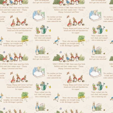 Riley Blake The Tale of Peter Rabbit Text Cream quilting fabric — storybook text on cream