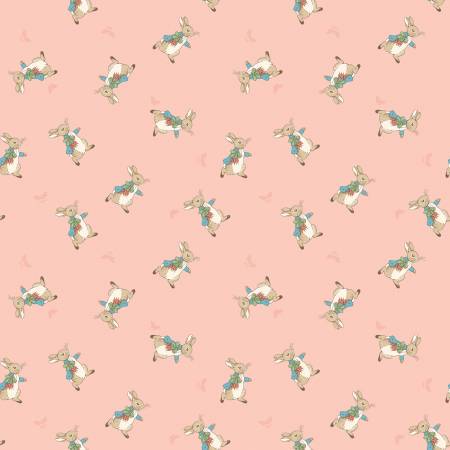 Riley Blake The Tale of Peter Rabbit Peter Toss Coral quilting fabric — Peter Rabbit toss print in coral