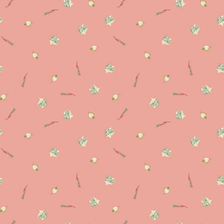 Riley Blake The Tale of Peter Rabbit Veggies Coral quilting fabric — garden veggies in coral