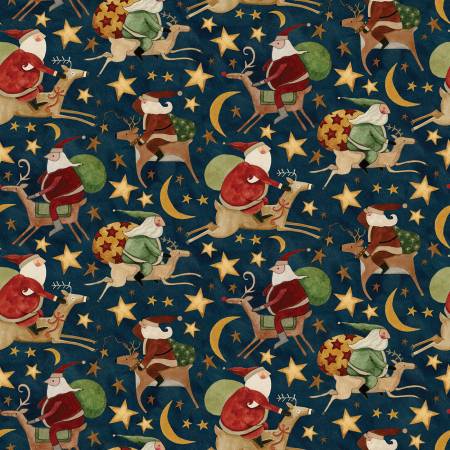 Riley Blake Up On The Housetop Santa rides Christmas quilting cotton fabric in Midnight