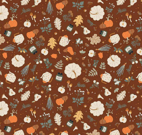 Riley Blake Pumpkin Spice Brown Leaves C14991 quilting fabric — autumn leaves on a rich brown ground