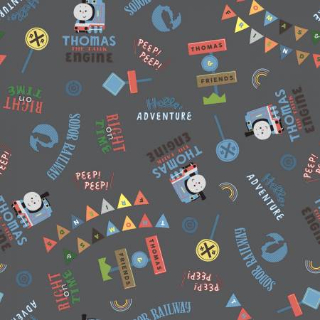 Riley Blake Thomas & Friends Words Charcoal quilting fabric — word print in charcoal