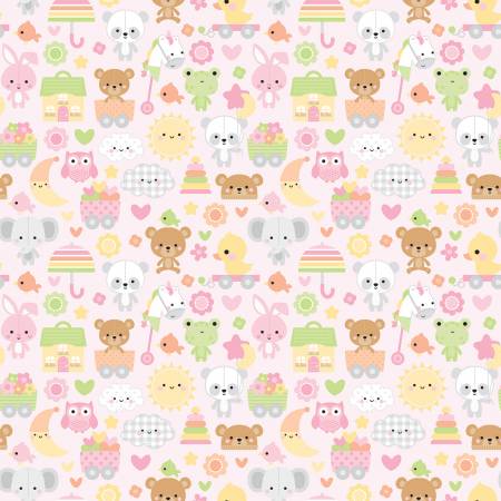 Riley Blake Bundle Of Joy Main Pink quilting fabric — baby-themed print in pink
