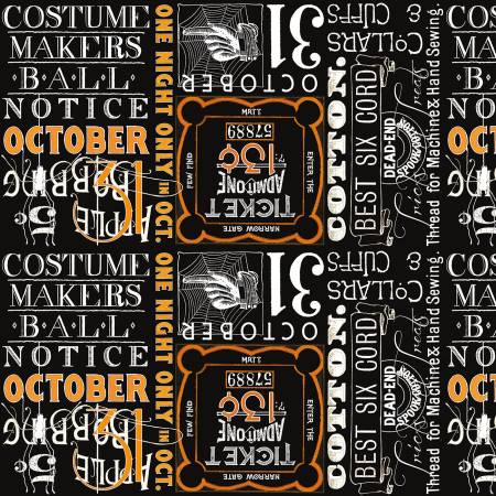 Riley Blake Costume Maker's Act Ticket Text quilting fabric in Black
