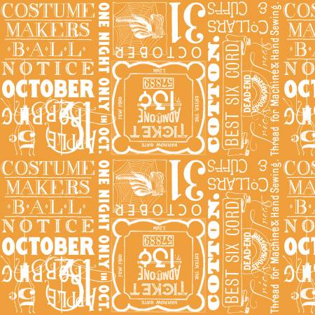 Riley Blake Costume Maker's Act Ticket Text quilting fabric in Orange