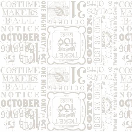 Riley Blake Costume Maker's Act Ticket Text quilting fabric in White