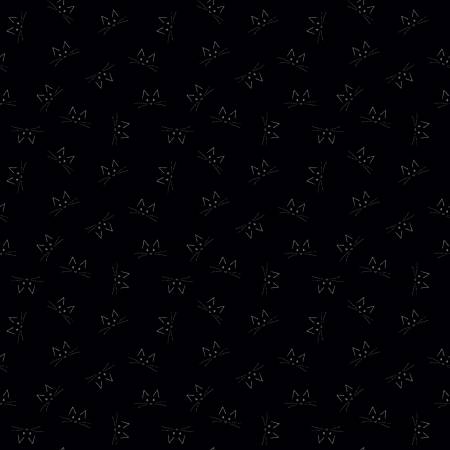 Riley Blake Blackout Cat Face Black quilting fabric — sly cat faces on a black ground