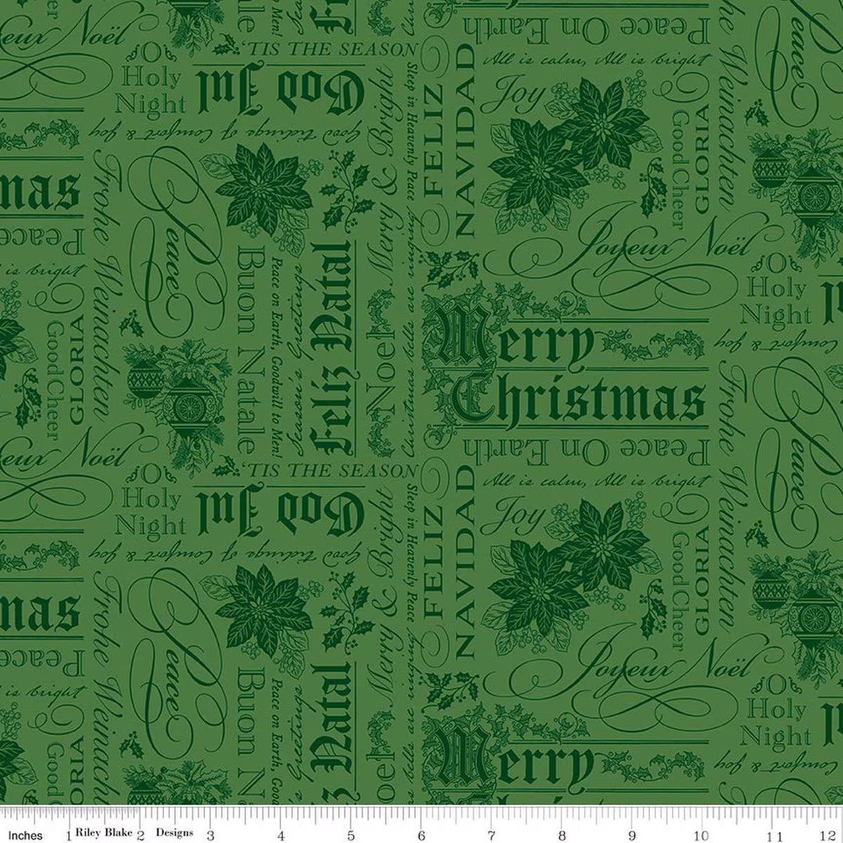 Poinsettias at Christmas Text Green quilting fabric by Riley Blake