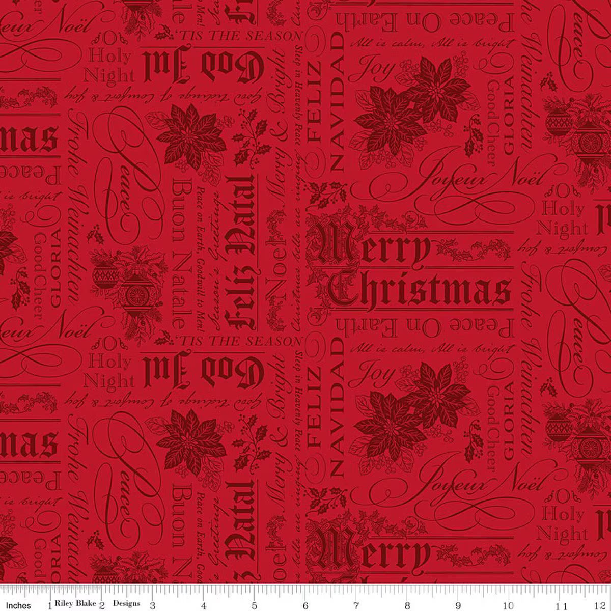 Poinsettias at Christmas Text Red quilting fabric by Riley Blake
