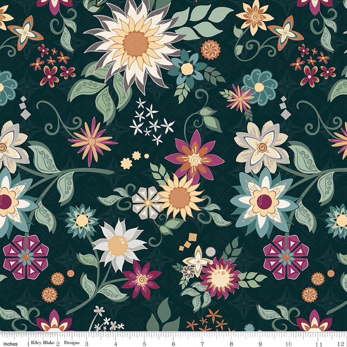 Where The Wild Flowers Are Main Dark Teal Cotton 43"/44" Fabric Per Yard