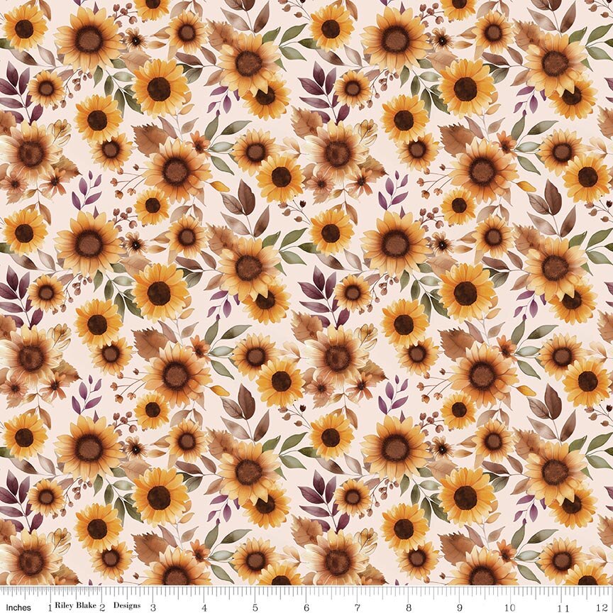 Harvest on the Prairie Sunflowers Latte Cotton 43"/44" Fabric Per Yard