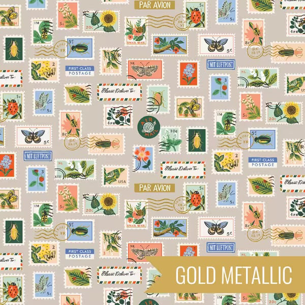 Curio Khaki Botanical Postage novelty quilting fabric by Rifle Paper Co for Cotton + Steel