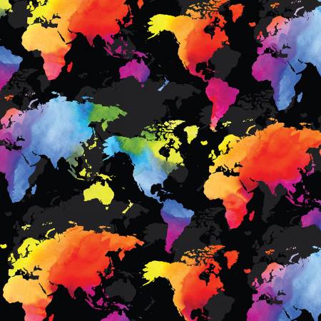 Timeless Treasures black multi world map novelty quilting cotton fabric