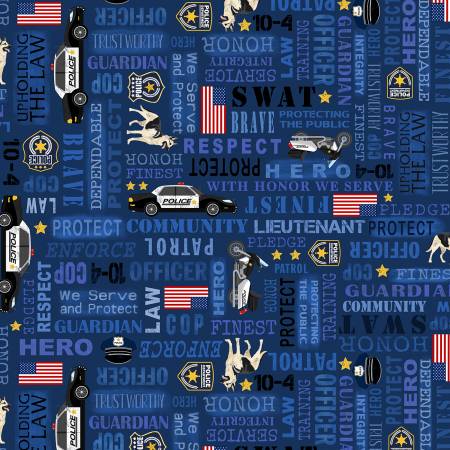 Timeless Treasures Police blue words novelty quilting cotton fabric