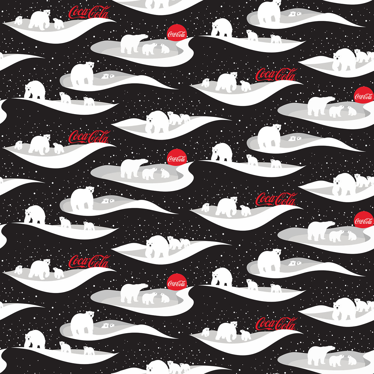 Coca-Cola Polar Winter Scenes Black Cotton 45" Fabric Per Yard