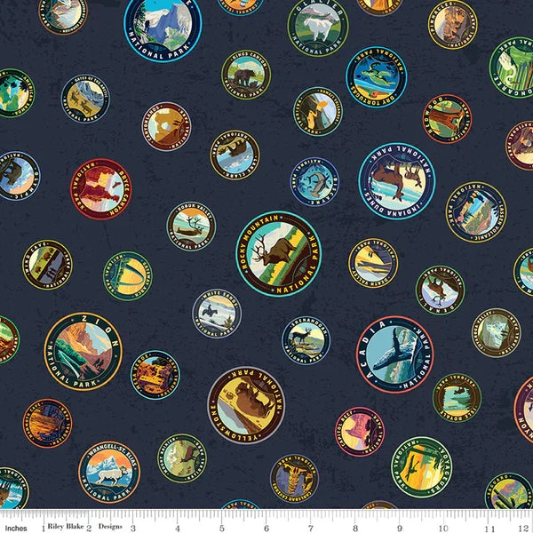National Parks Emblems Navy quilting fabric by Riley Blake