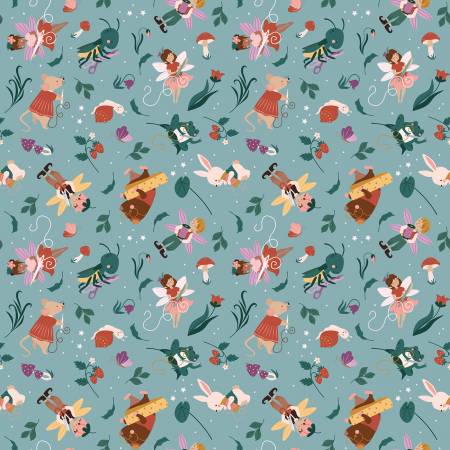 Riley Blake Thimbelina & the Sewing Fairies Mist quilting fabric — sewing fairies on mist