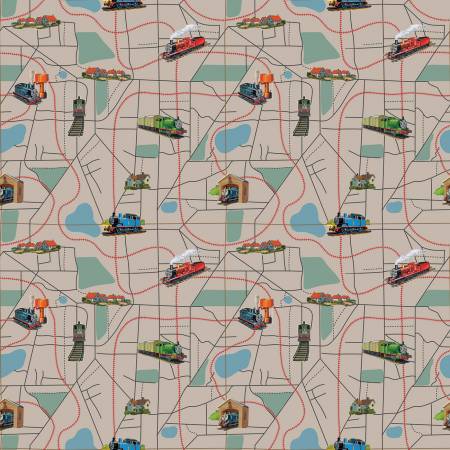 Riley Blake Thomas & Friends 80th Anniversary Map Pewter quilting fabric — Sodor railway map