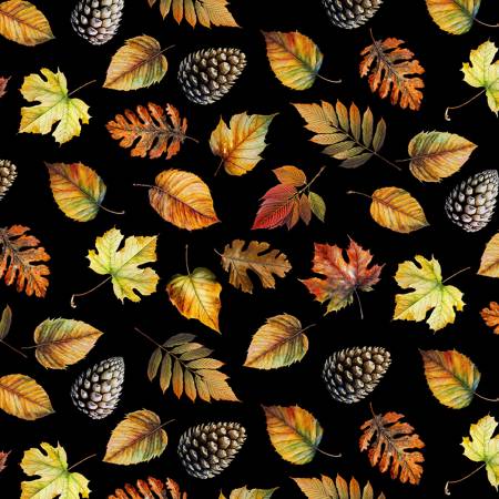 Timeless Treasures Tossed Fall Leaves Black quilting fabric