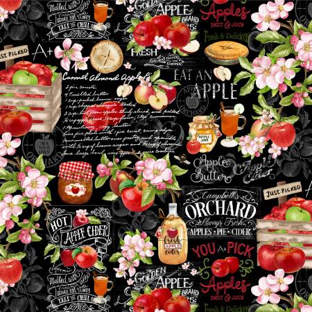 Timeless Treasures Apple Farm Chart Black quilting fabric — apple chart print on black