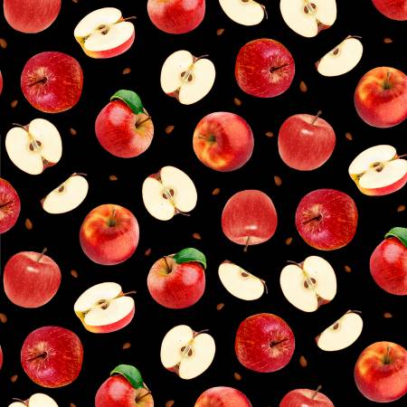 Timeless Treasures Apples & Slices Black quilting fabric — apples on black