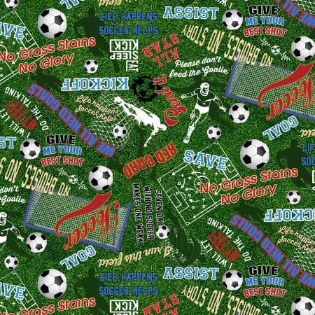 Quilting Treasures Green Soccer Words On Grass quilting fabric — soccer print on grass green