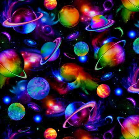 Timeless Treasures Bright Solar System Black quilting fabric — planets on black