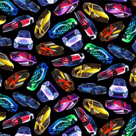 Timeless Treasures Black Race Cars quilting fabric — race car print on black