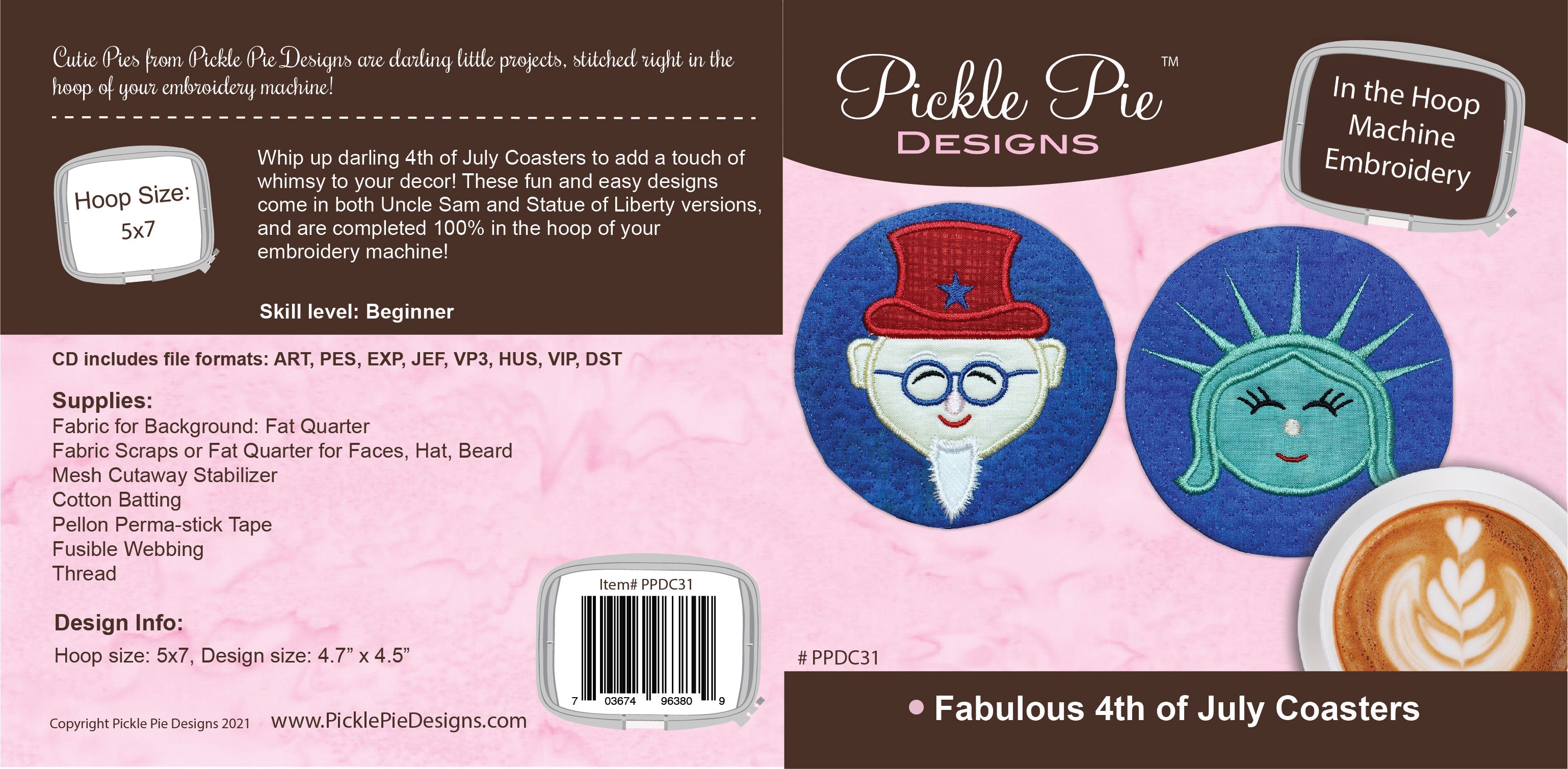 4th of July Coaster In the Hoop Embroidery Design Collection