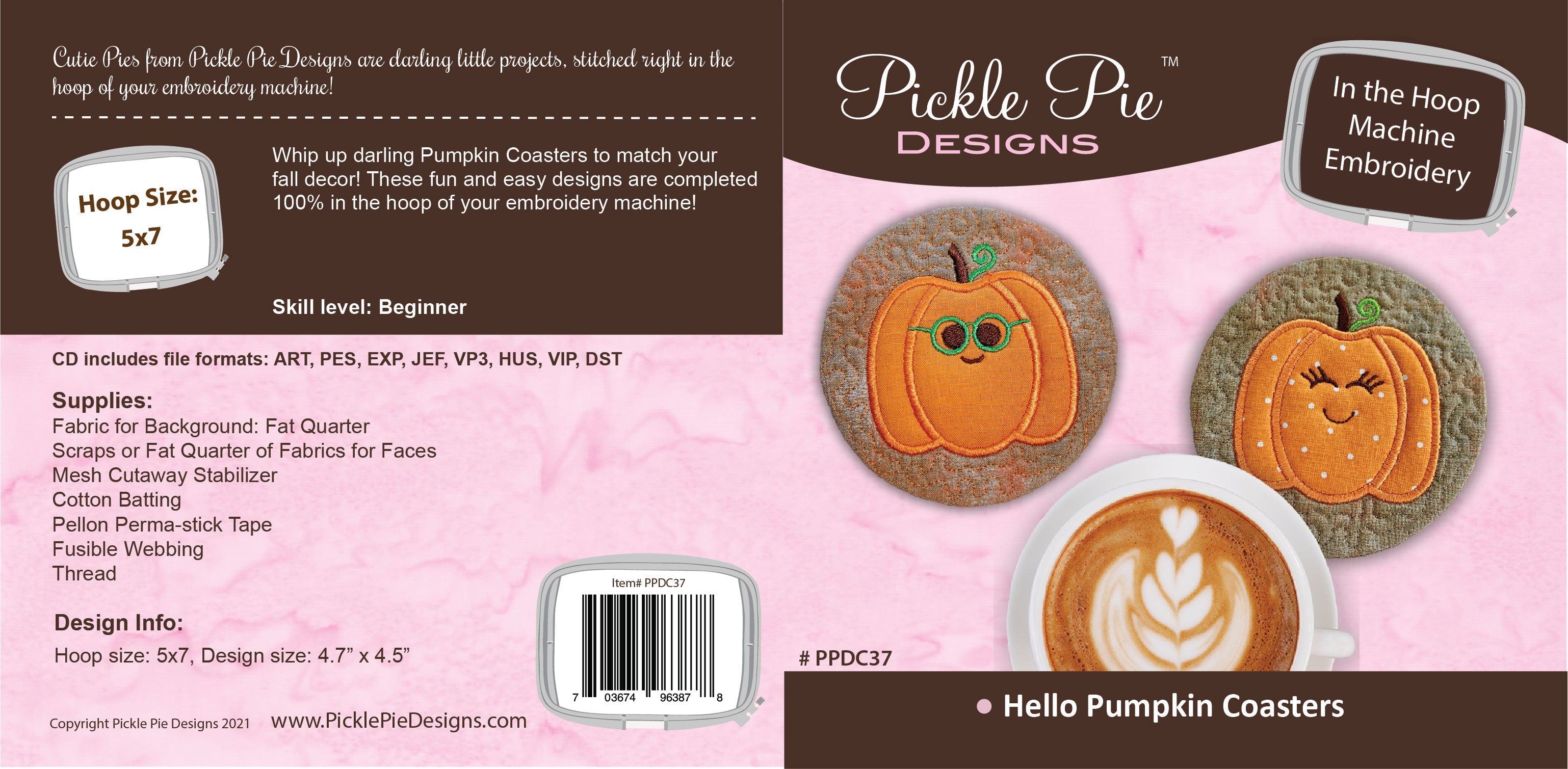 Hello Pumpkin Coasters In the Hoop Embroidery Design Collection