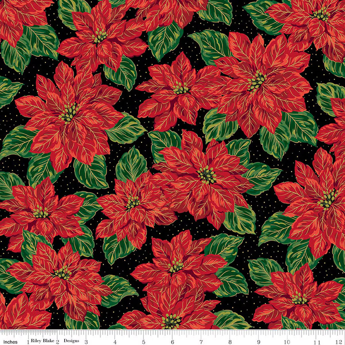 Poinsettias at Christmas Main Black foil quilting fabric by Riley Blake