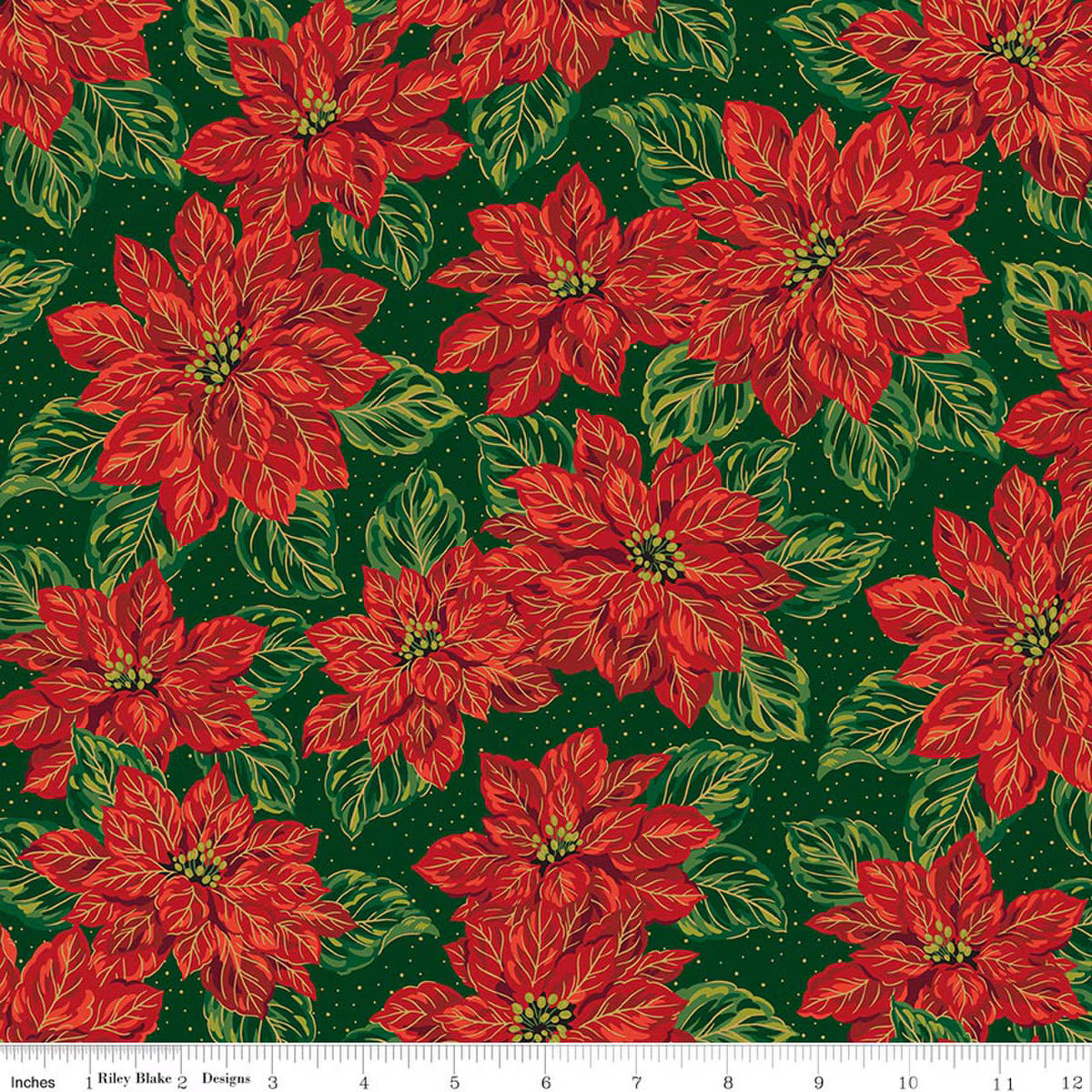 Poinsettias at Christmas Main Green foil quilting fabric by Riley Blake