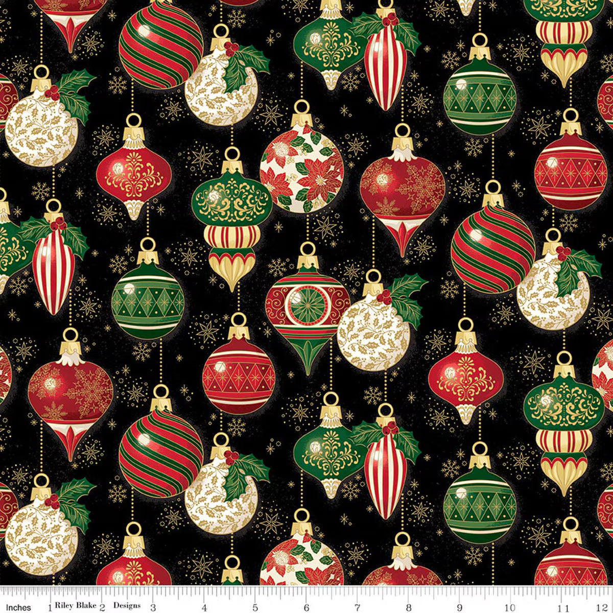 Poinsettias at Christmas Ornaments Black foil quilting fabric by Riley Blake