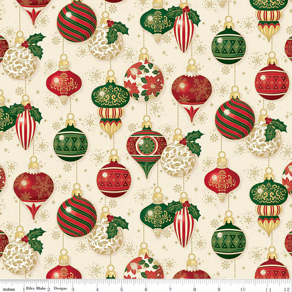 Poinsettias at Christmas Ornaments Cream foil quilting fabric by Riley Blake