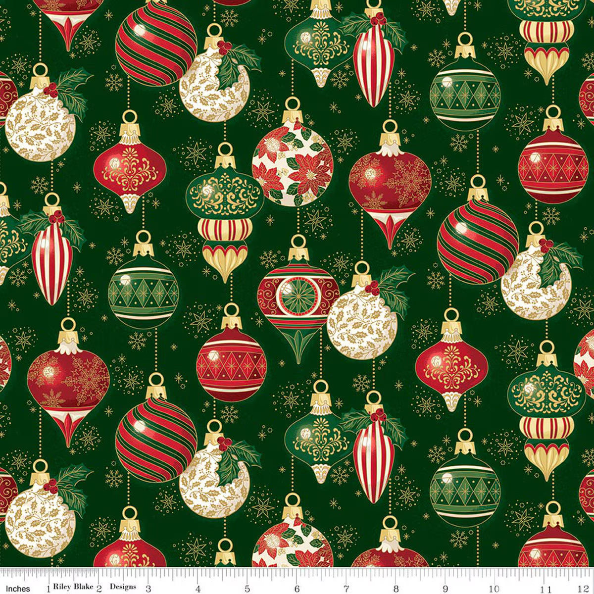 Poinsettias at Christmas Ornaments Green foil quilting fabric by Riley Blake