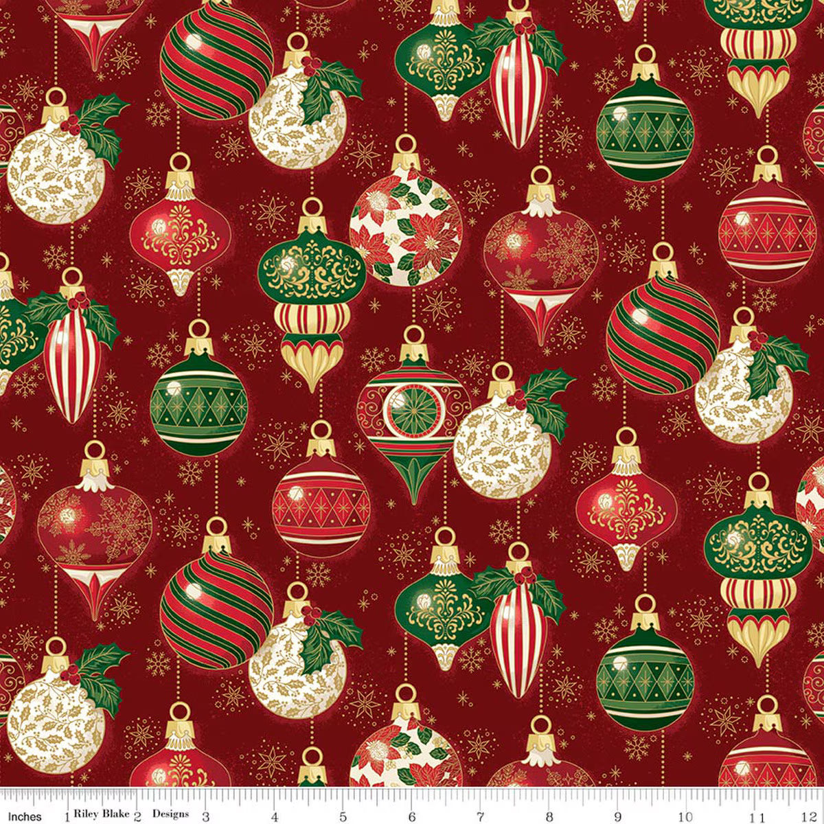 Poinsettias at Christmas Ornaments Red foil quilting fabric by Riley Blake